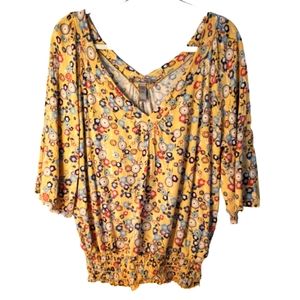 American Rag Yellow Floral V-neck Elastic Waist Top Blouse Large